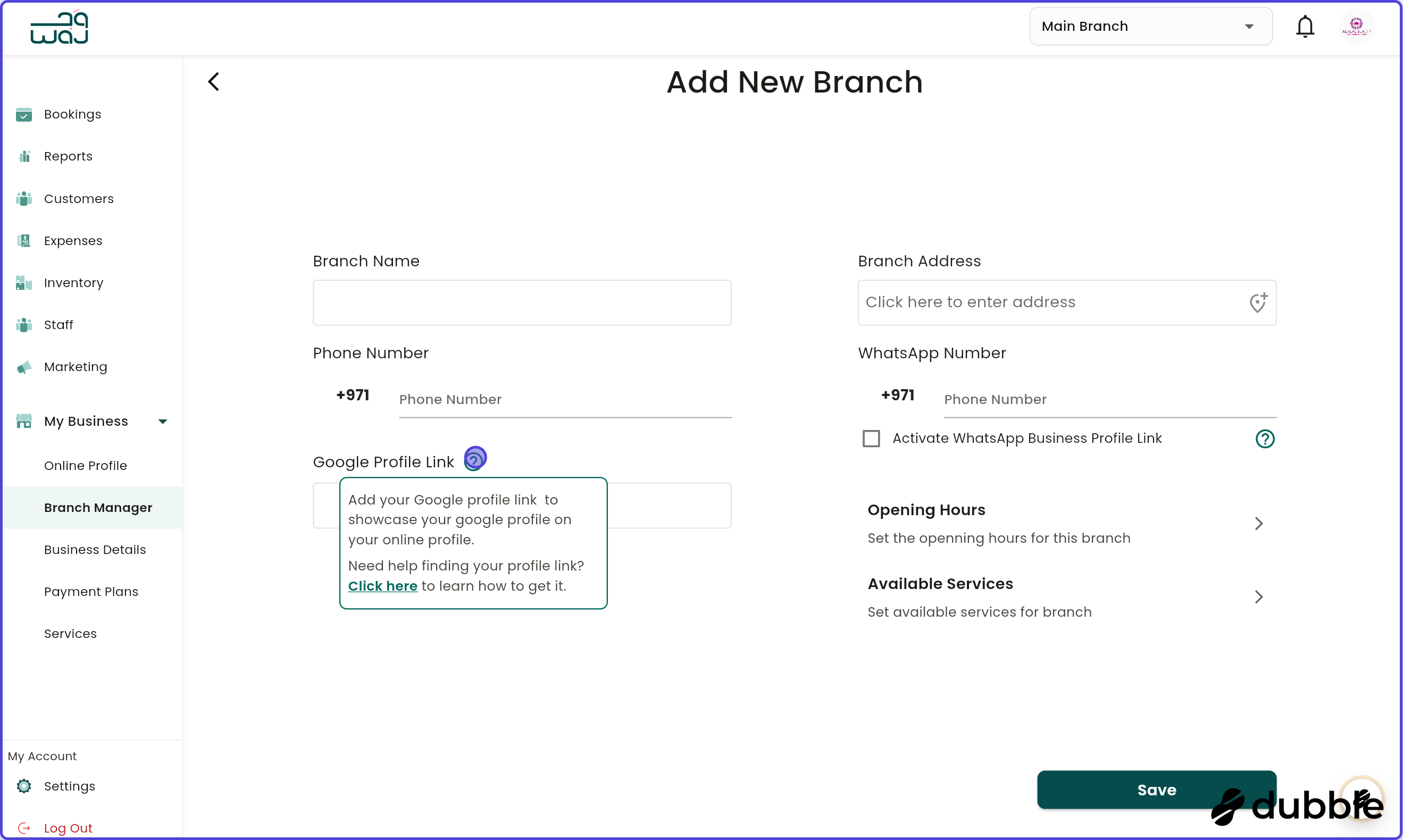 Branch manager add new branch screenshot