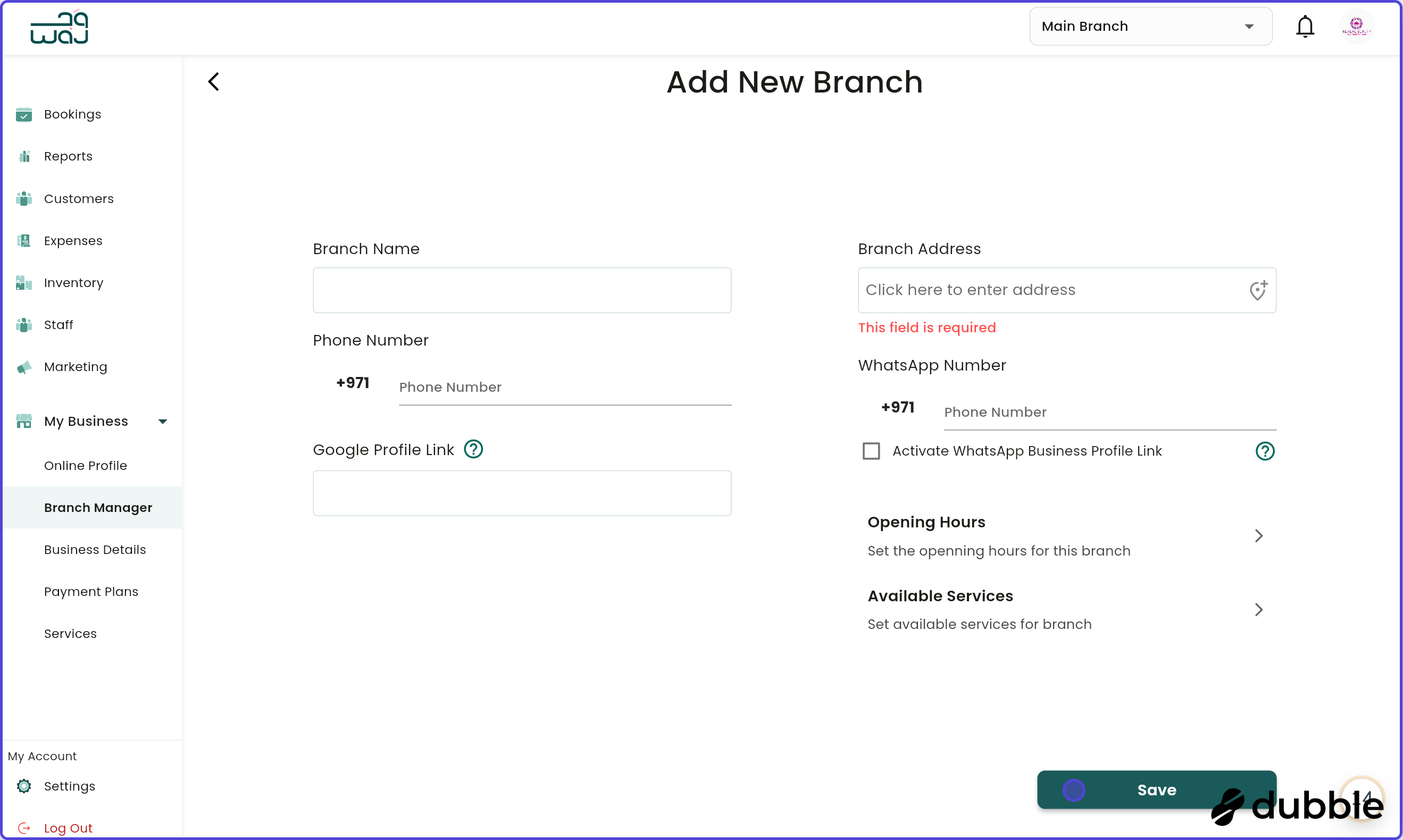 Branch manager add new branch screenshot