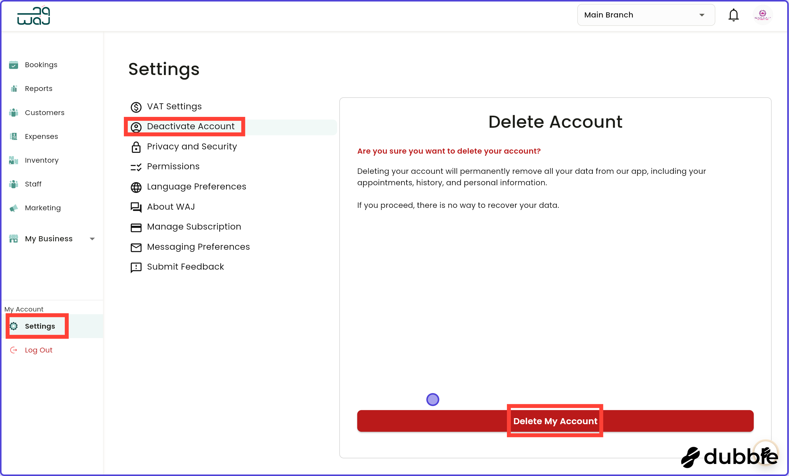 Business settings deactivate account screenshot