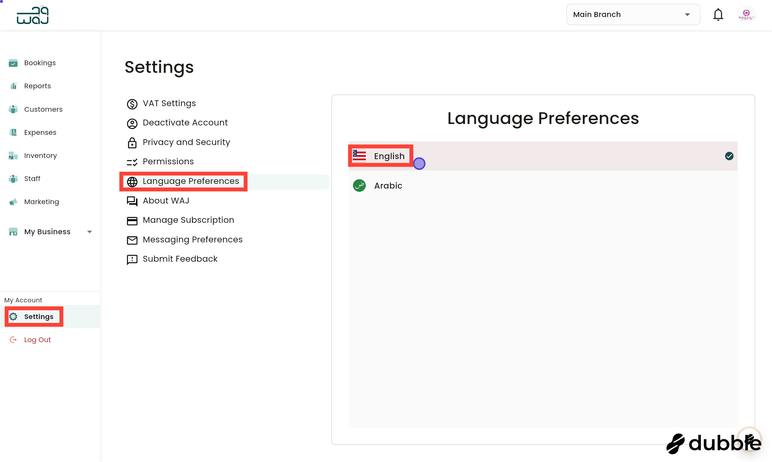 Business settings set app language screenshot