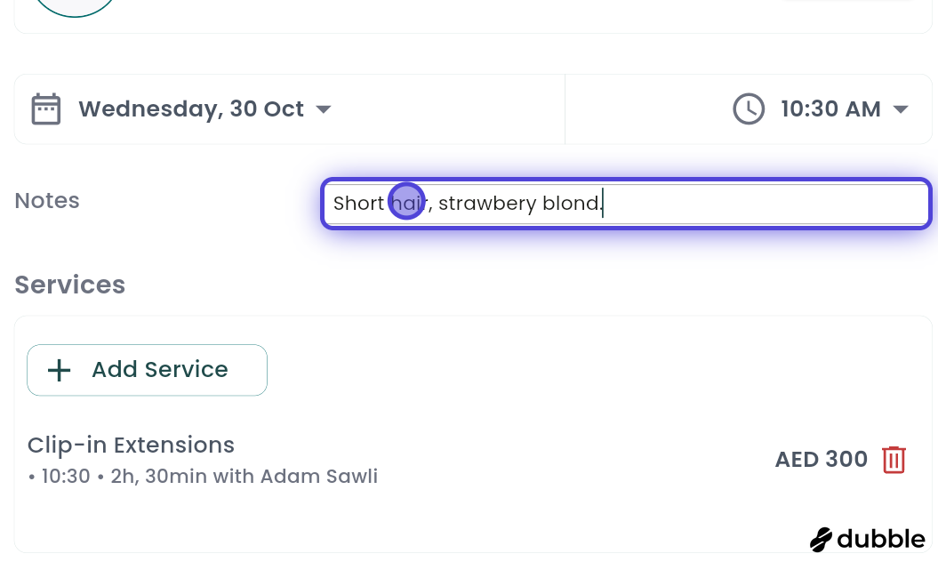 Calendar and bookings add notes screenshot