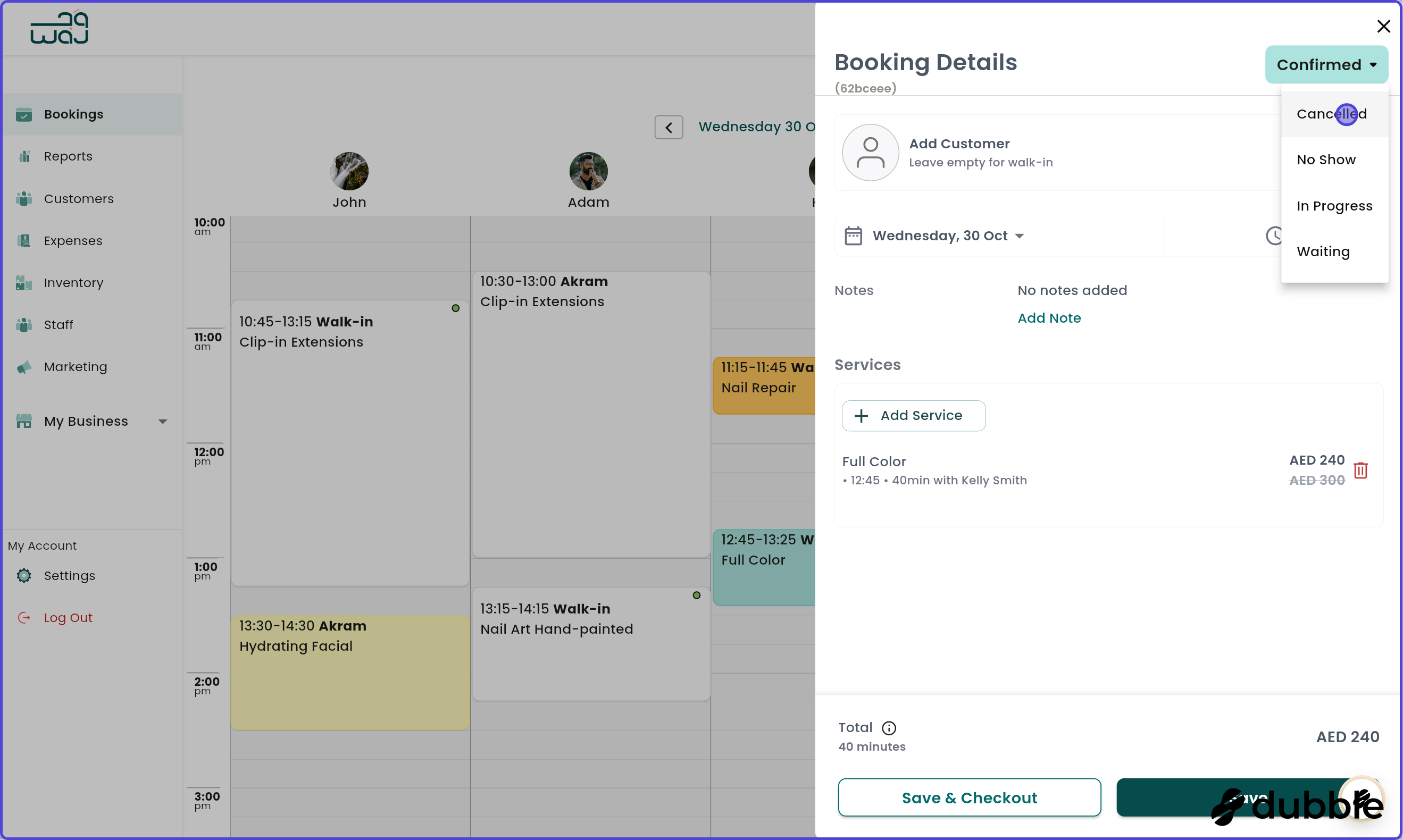 Calendar and bookings cancelling booking screenshot