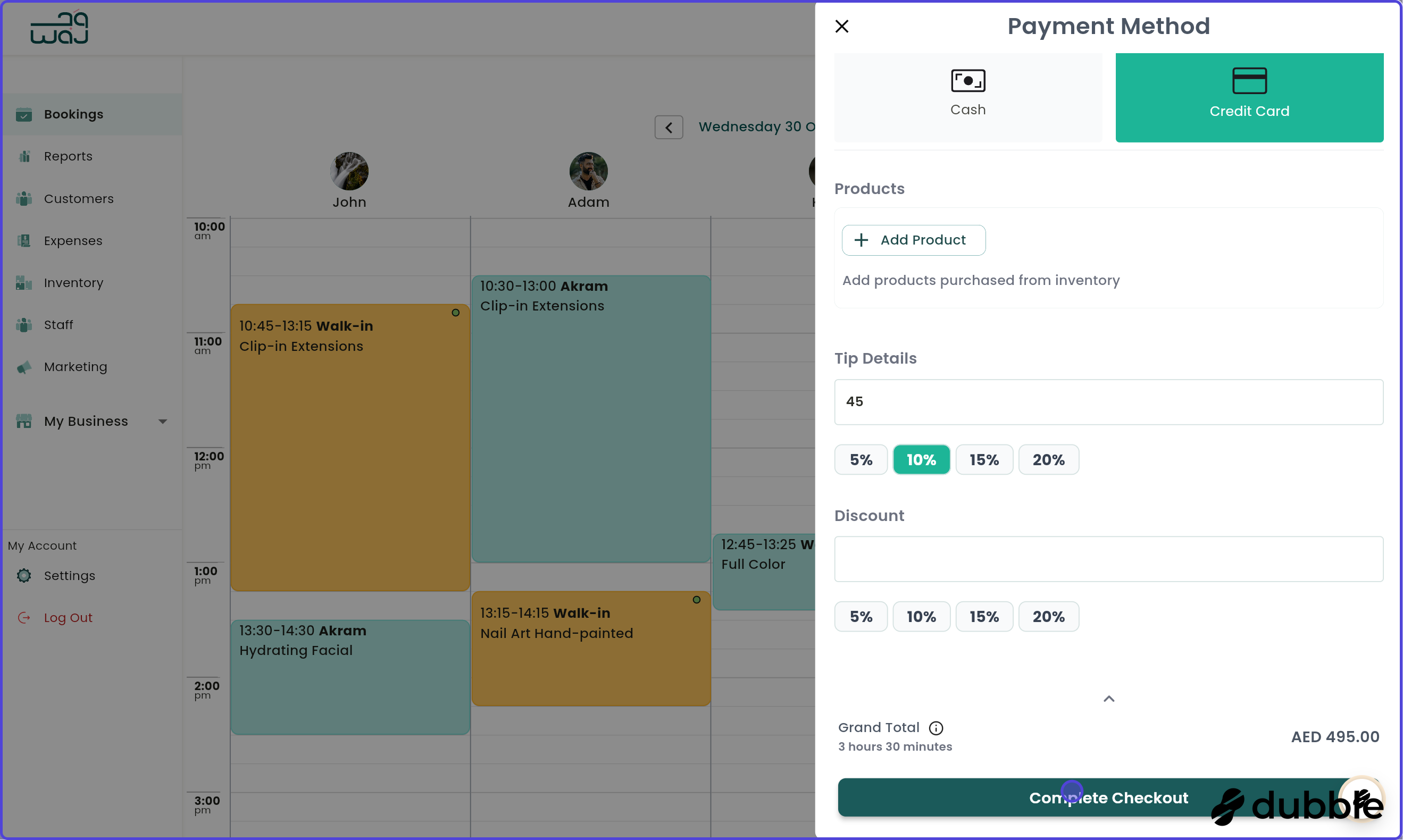 Calendar and bookings checkout booking screenshot