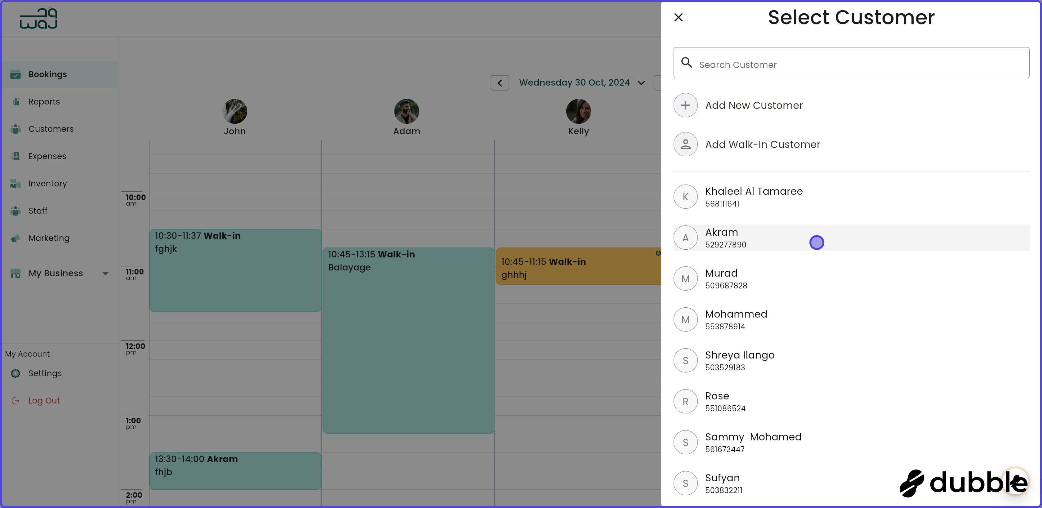 Calendar and bookings create a booking screenshot