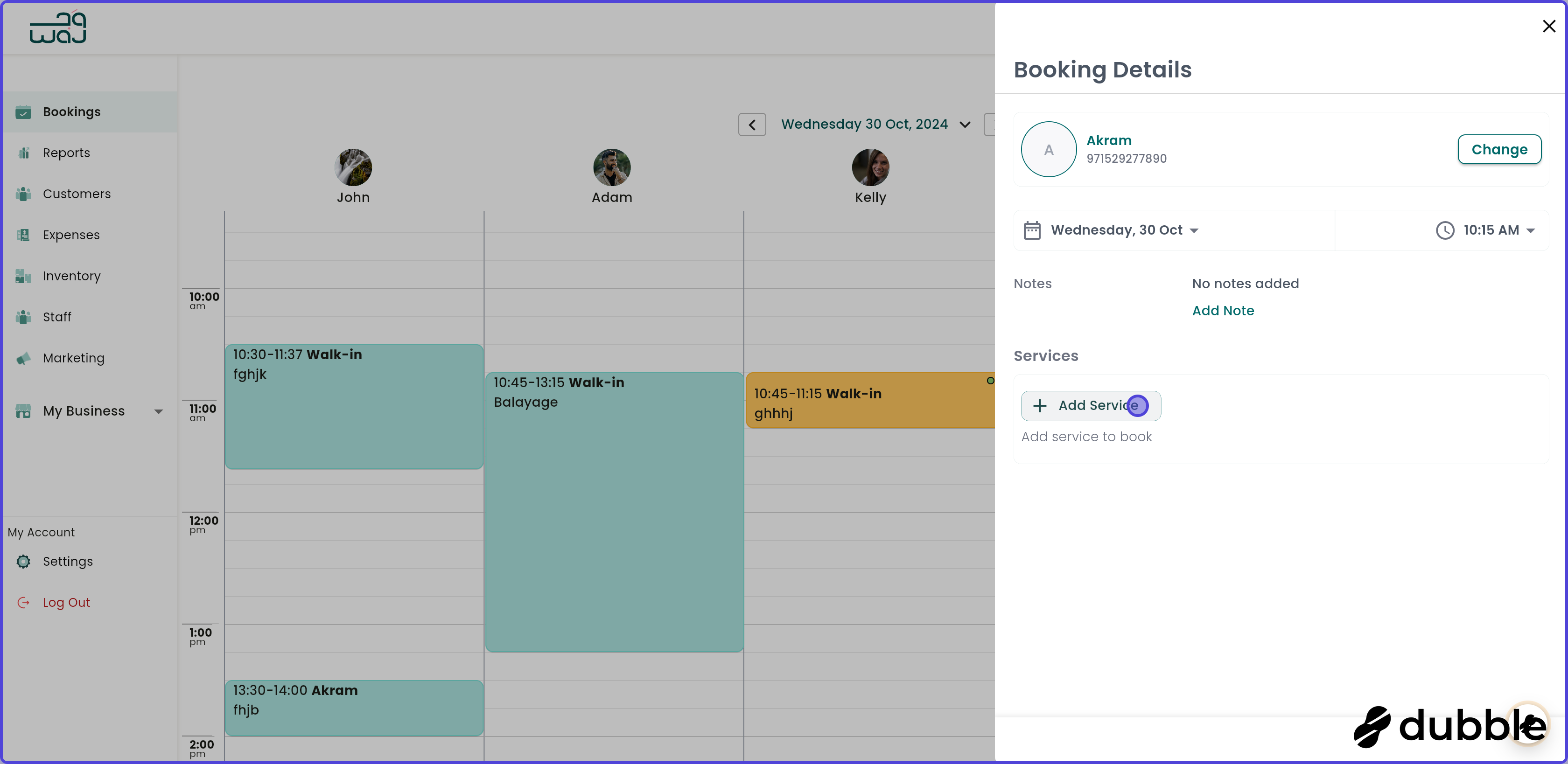 Calendar and bookings create a booking screenshot