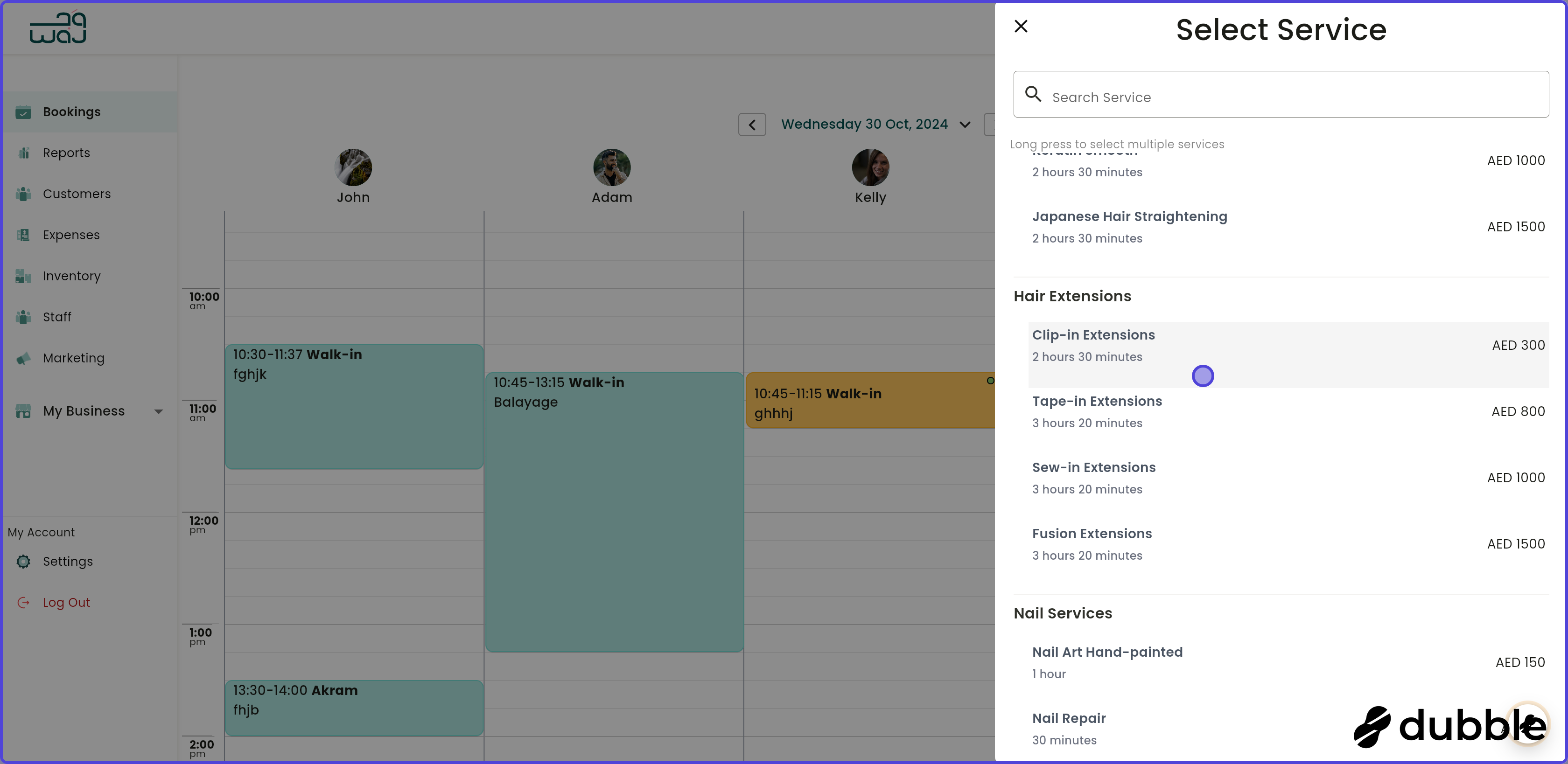 Calendar and bookings create a booking screenshot
