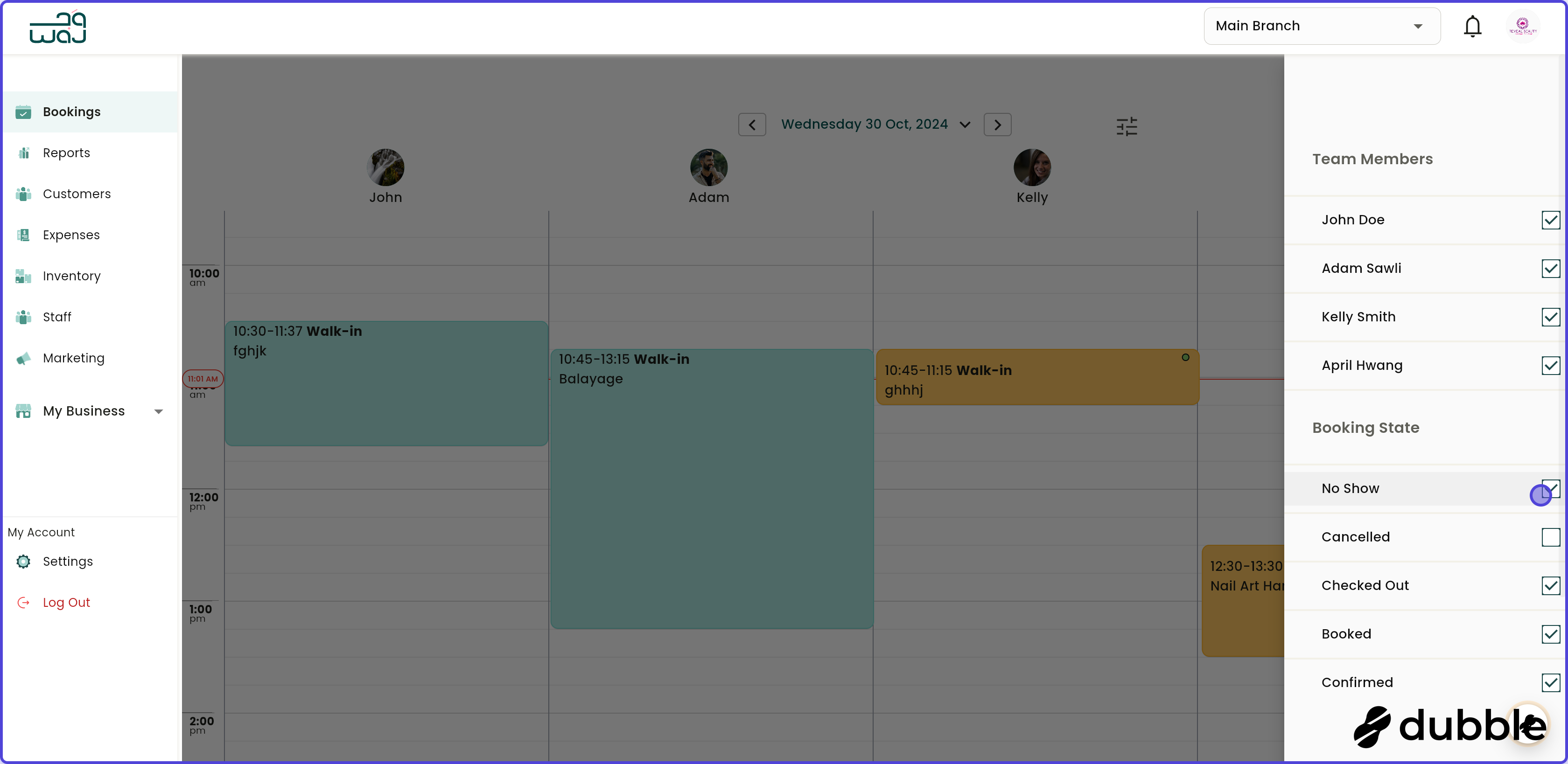 Calendar and bookings filtering bookings screenshot