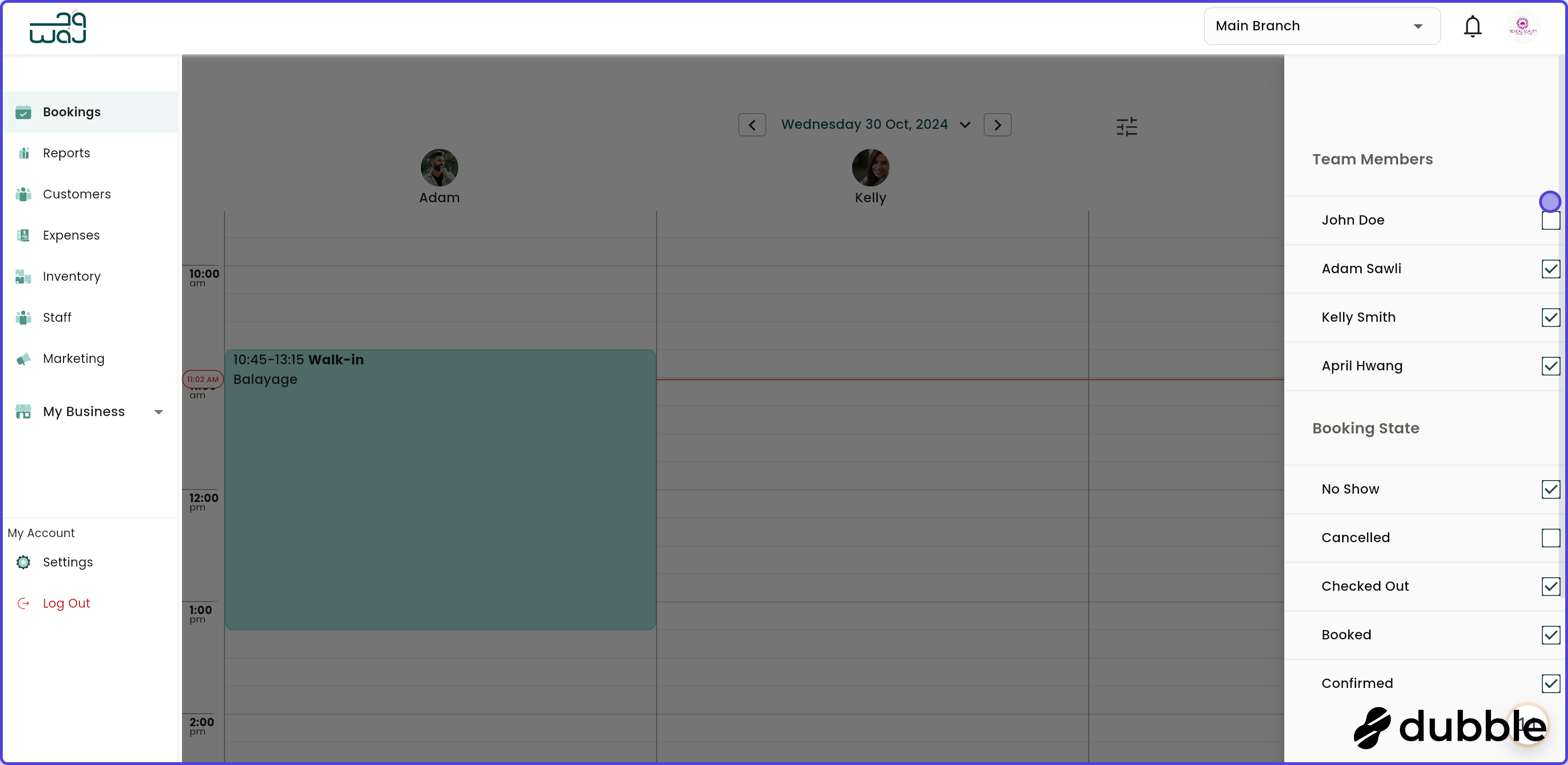 Calendar and bookings filtering bookings screenshot