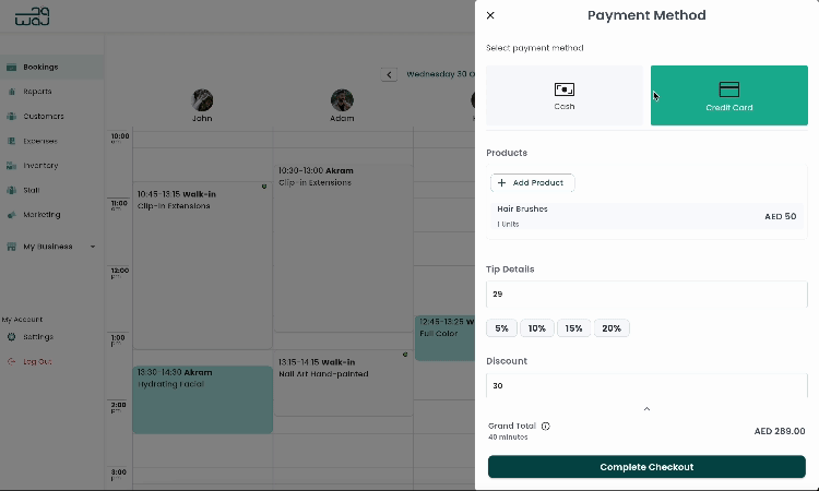 Calendar and bookings payment method screenshot