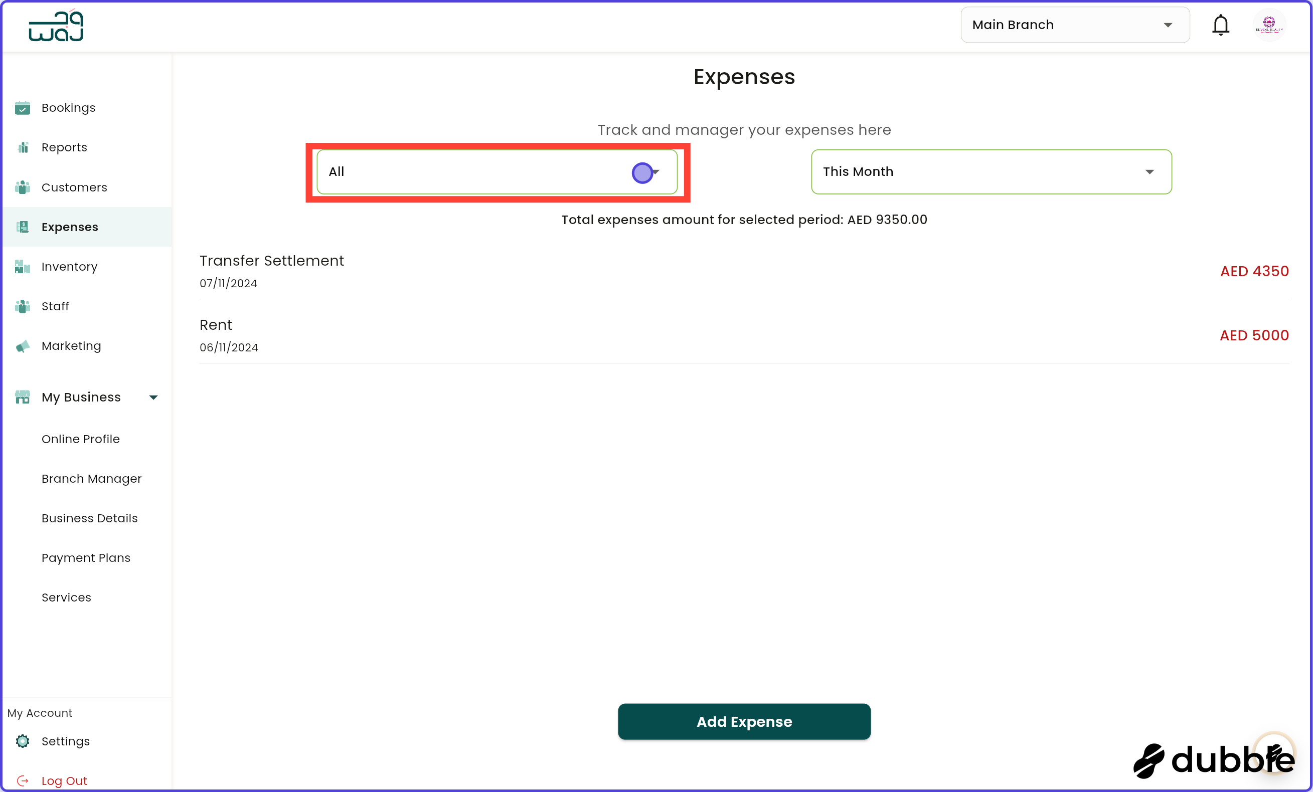 Expenses managing and filtering expenses screenshot