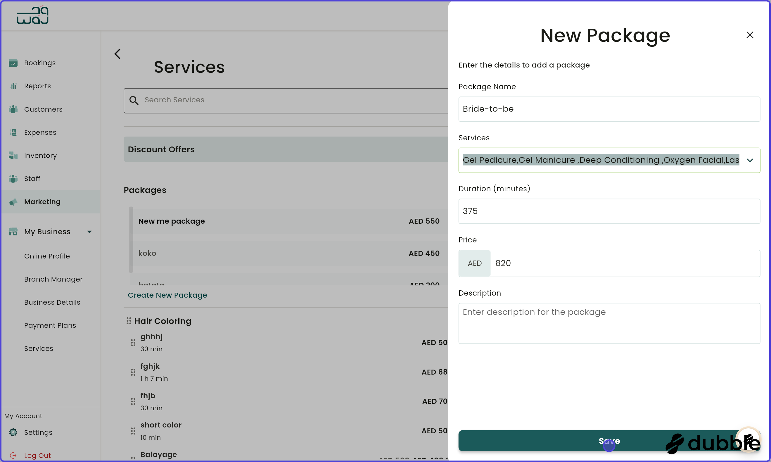 Marketing packages screenshot