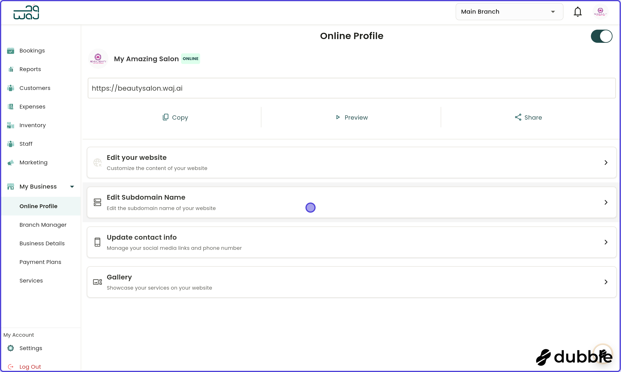 Online profile edit subdomain name screenshot