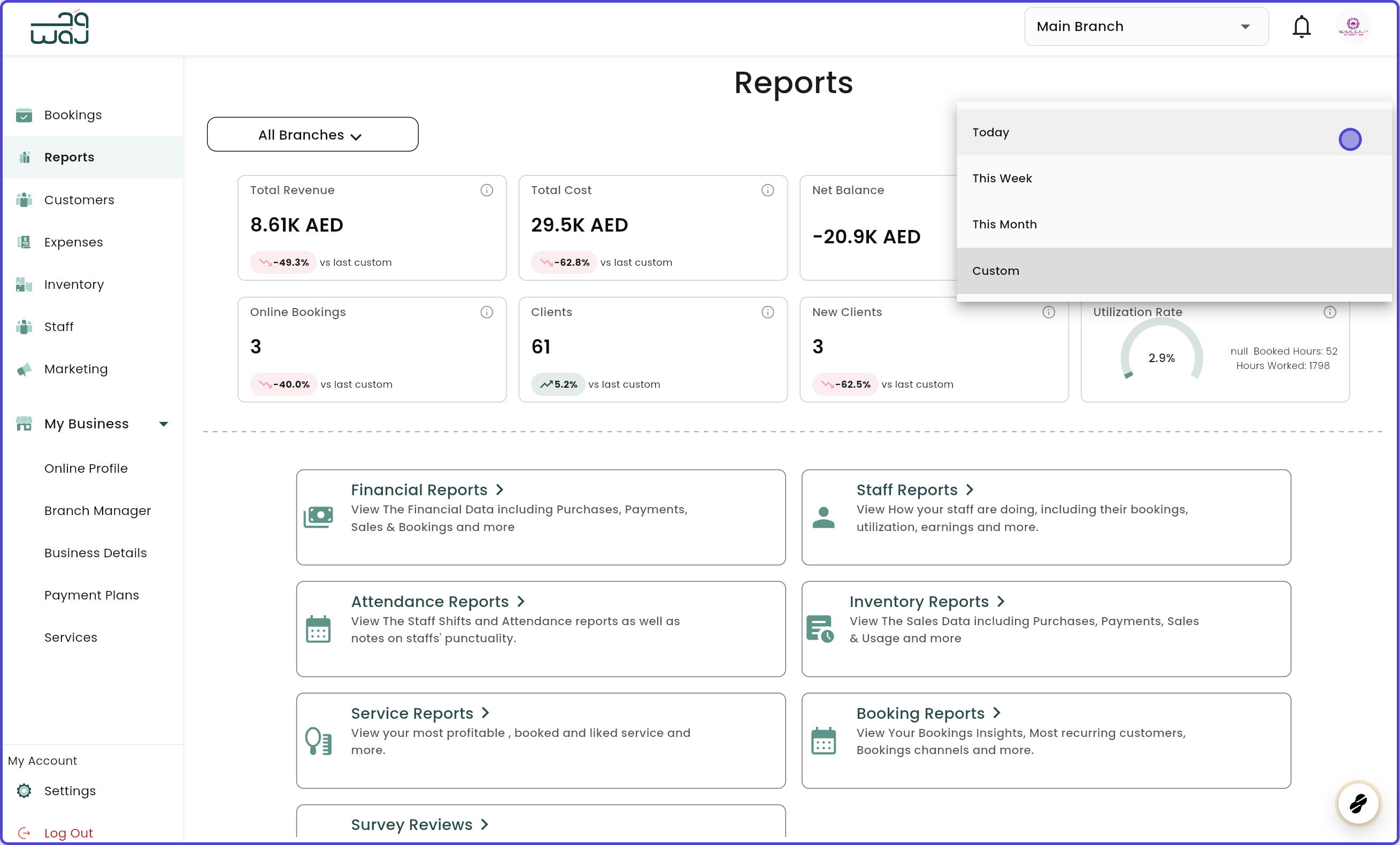 Reports filtering reports screenshot