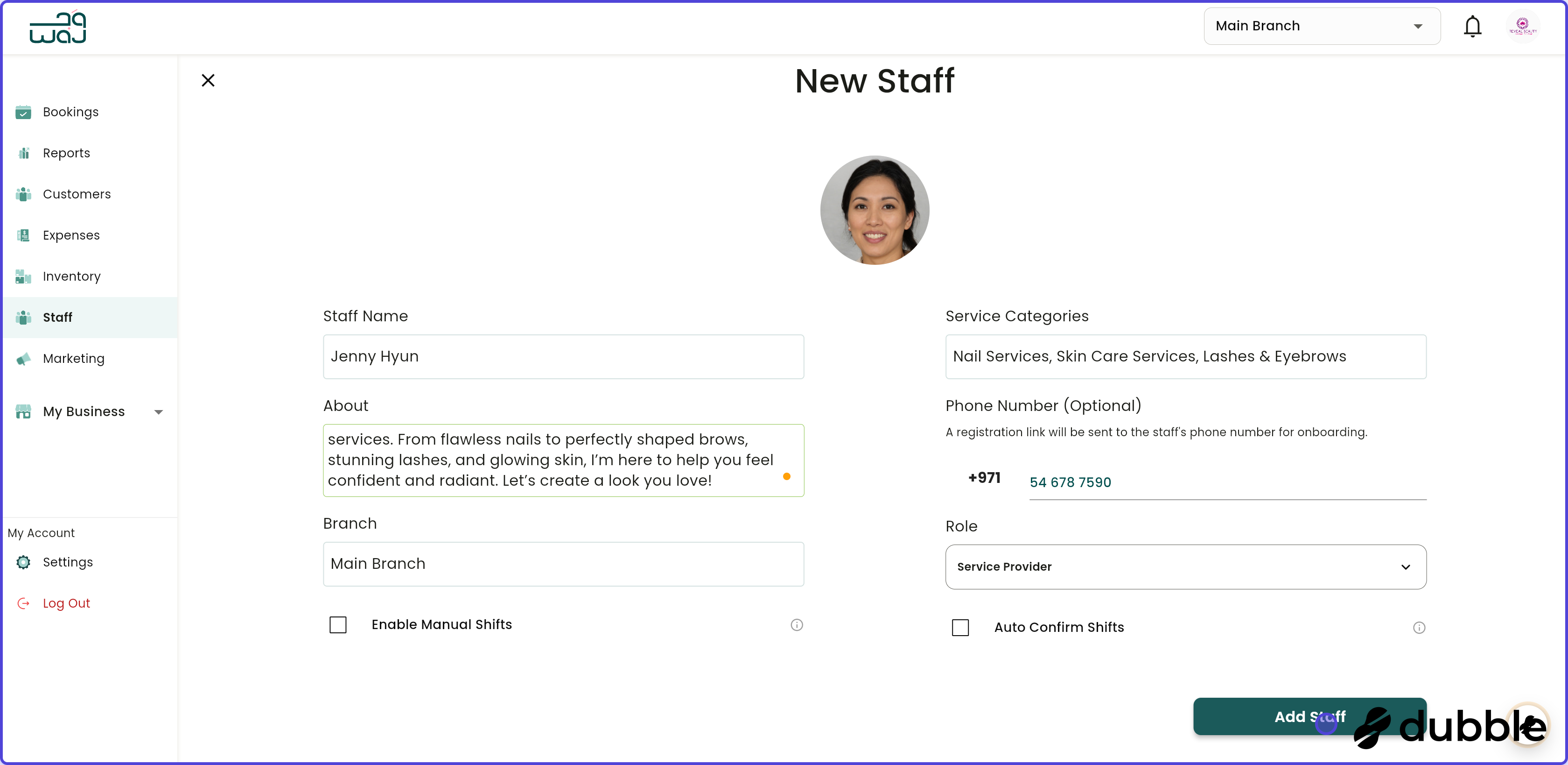 Staff create new staff screenshot
