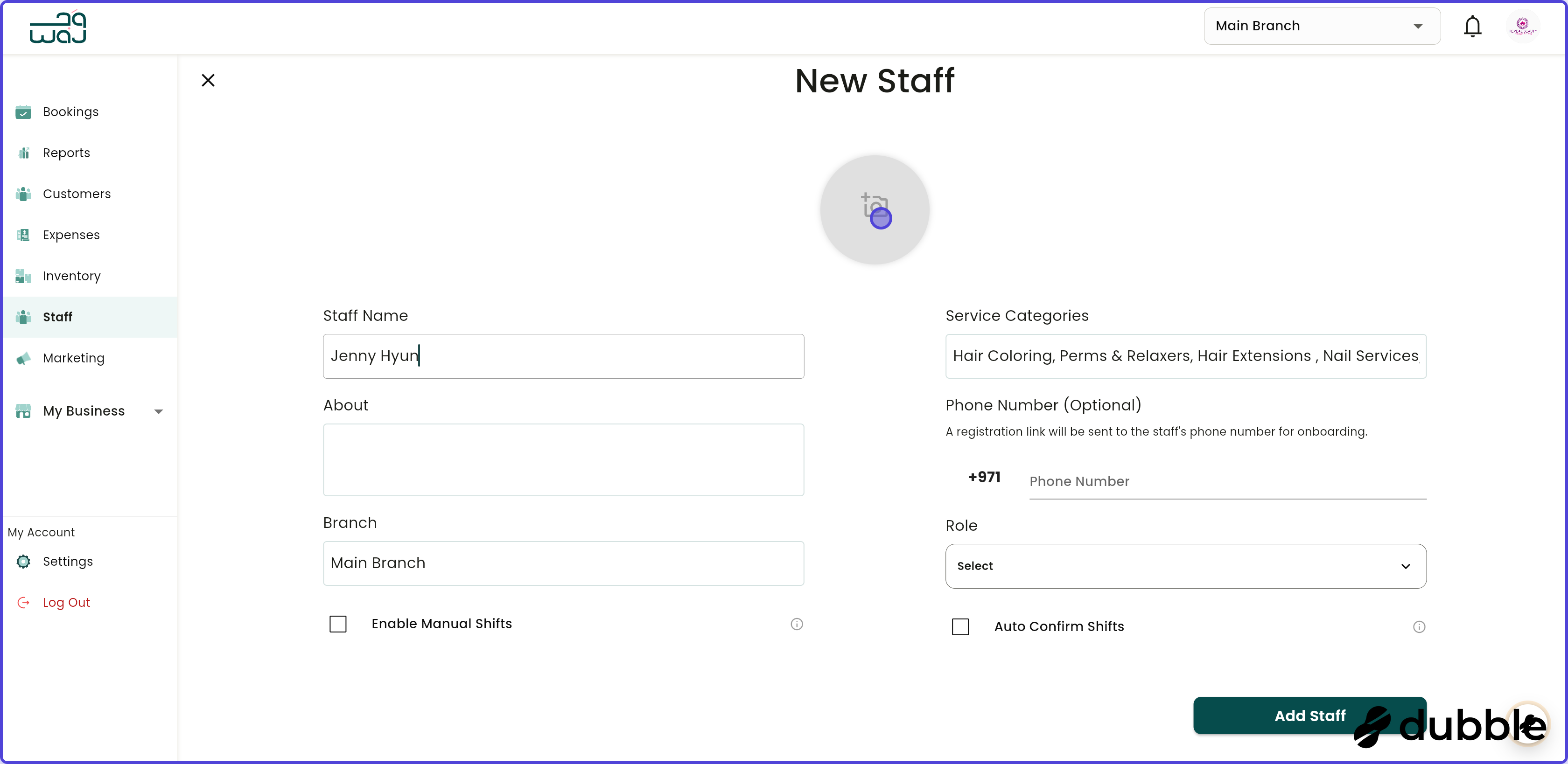 Staff create new staff screenshot