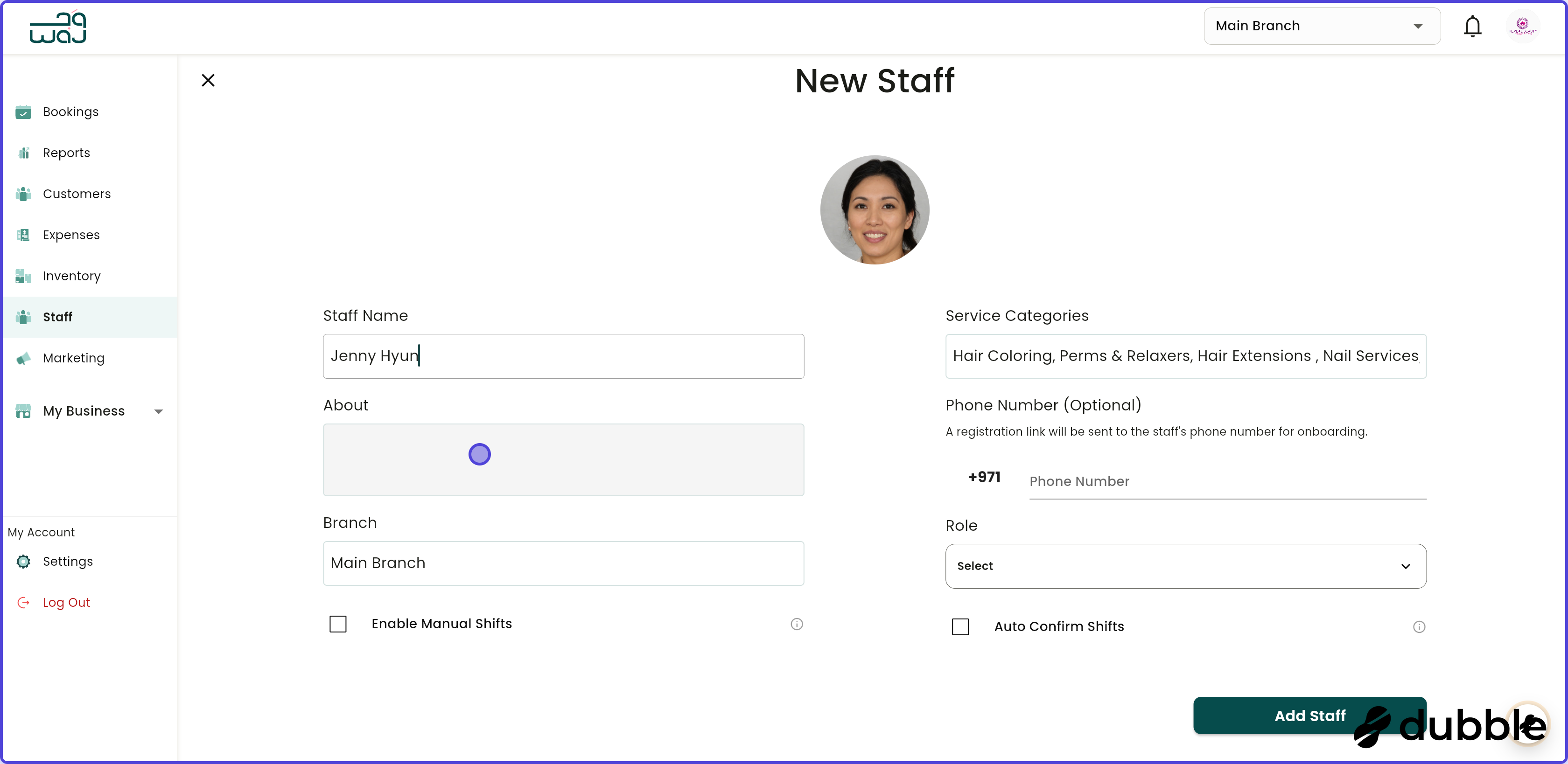 Staff create new staff screenshot