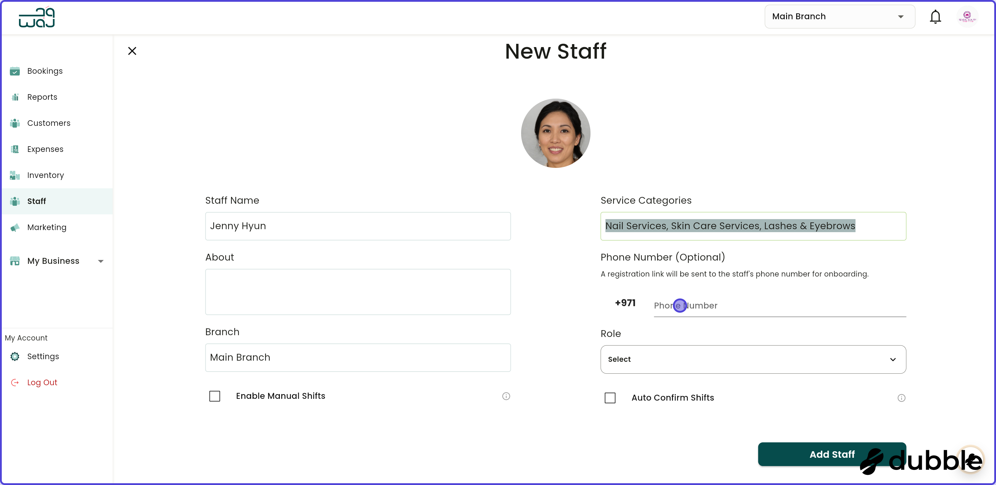Staff create new staff screenshot