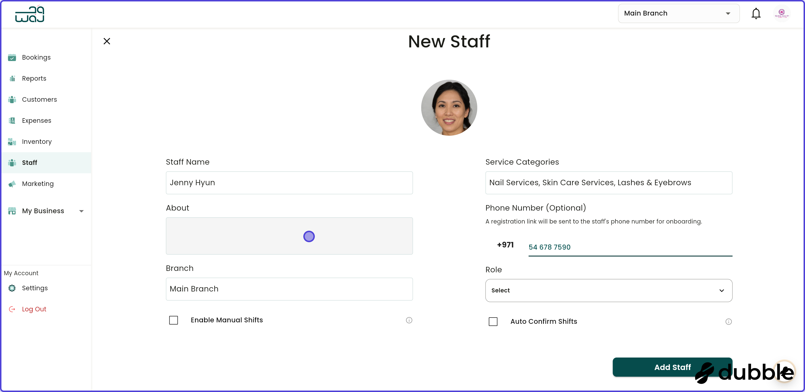 Staff create new staff screenshot