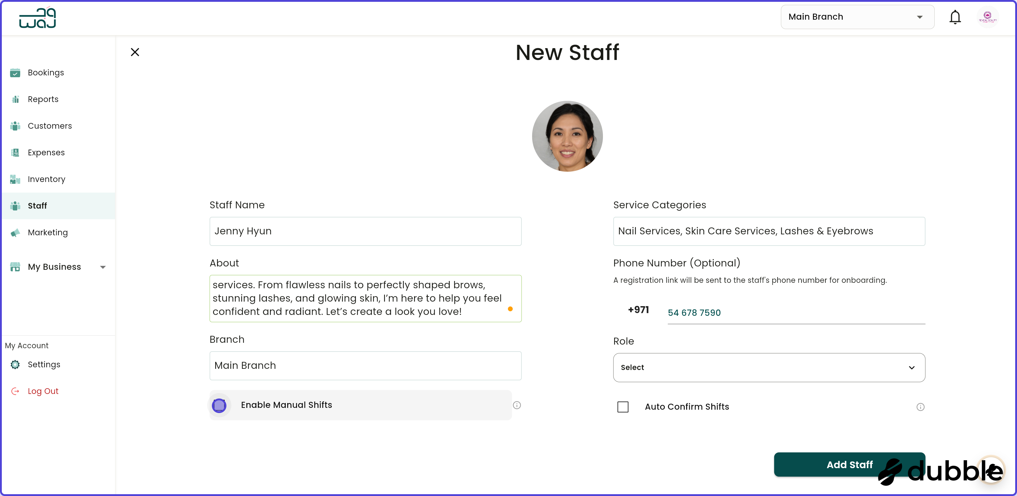 Staff create new staff screenshot
