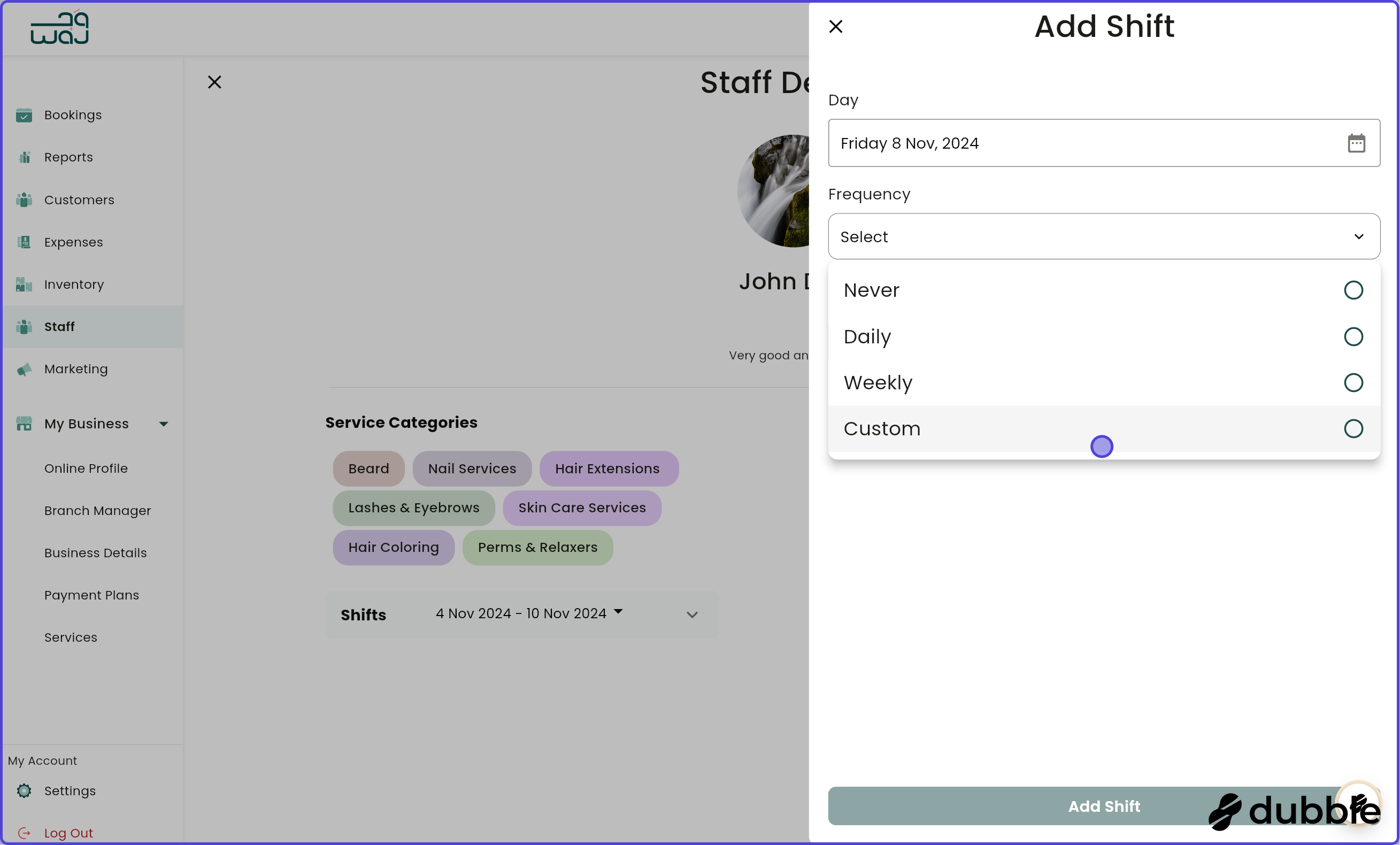 Staff manage staff details manage shifts screenshot