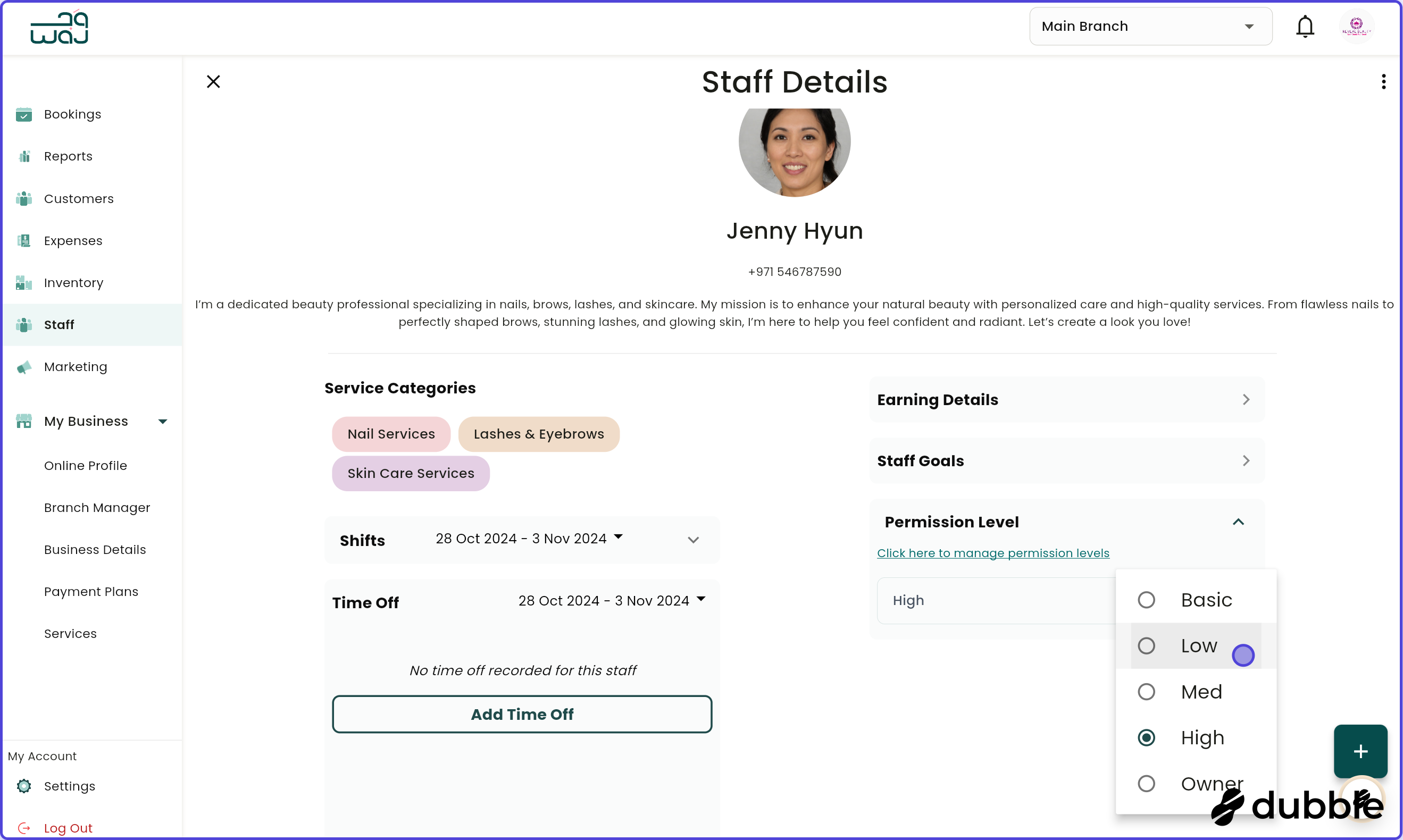 Staff manage staff details set permission level screenshot