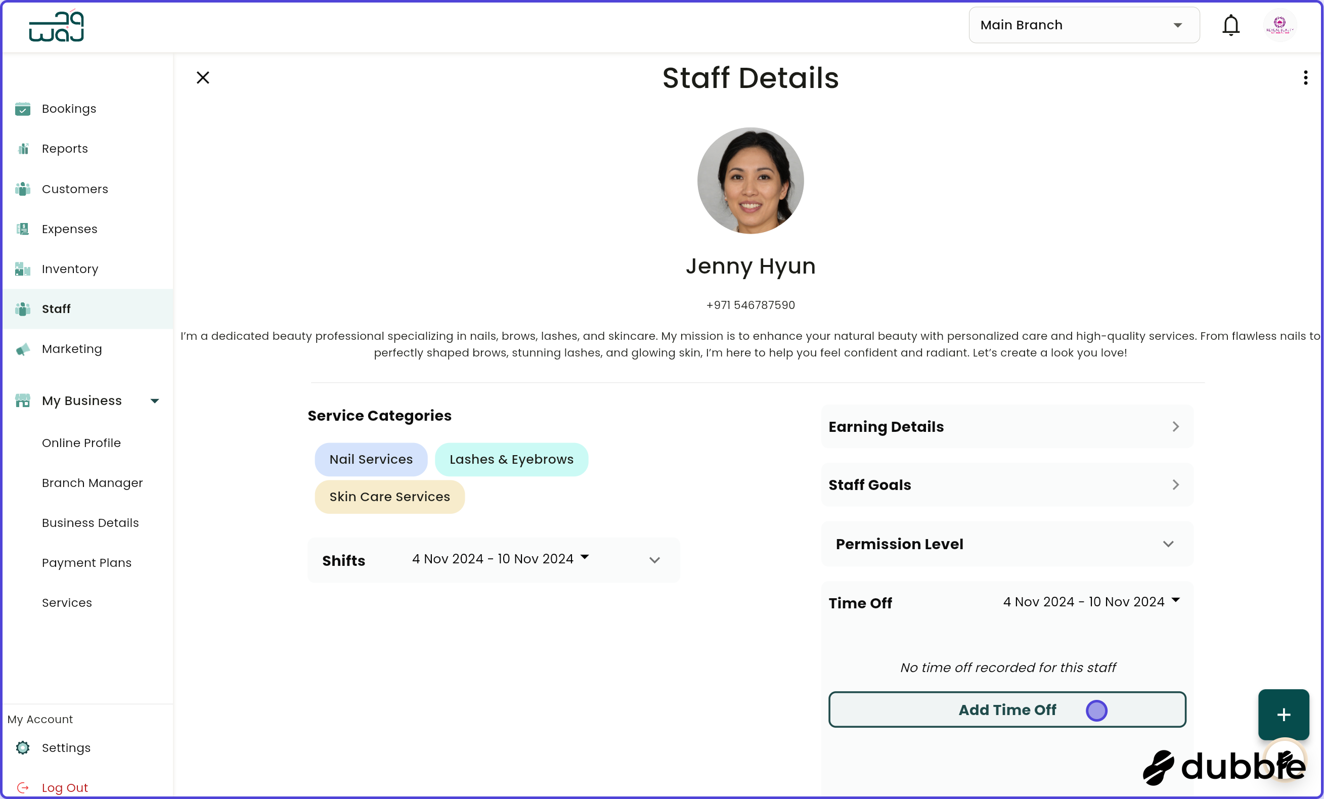 Staff manage staff details time off screenshot