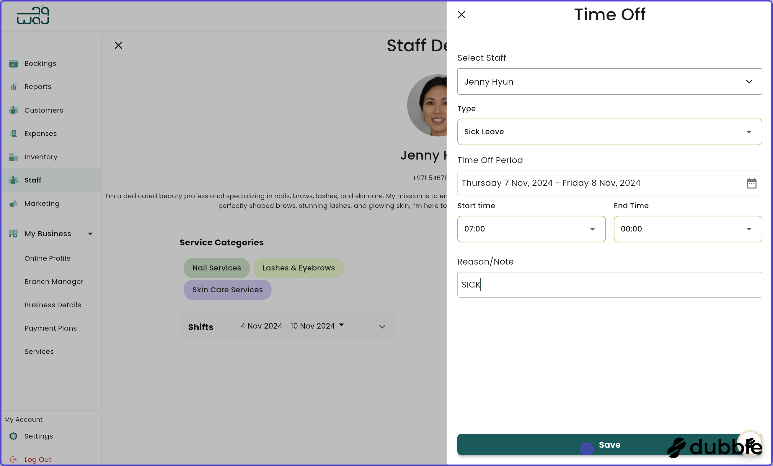 Staff manage staff details time off screenshot